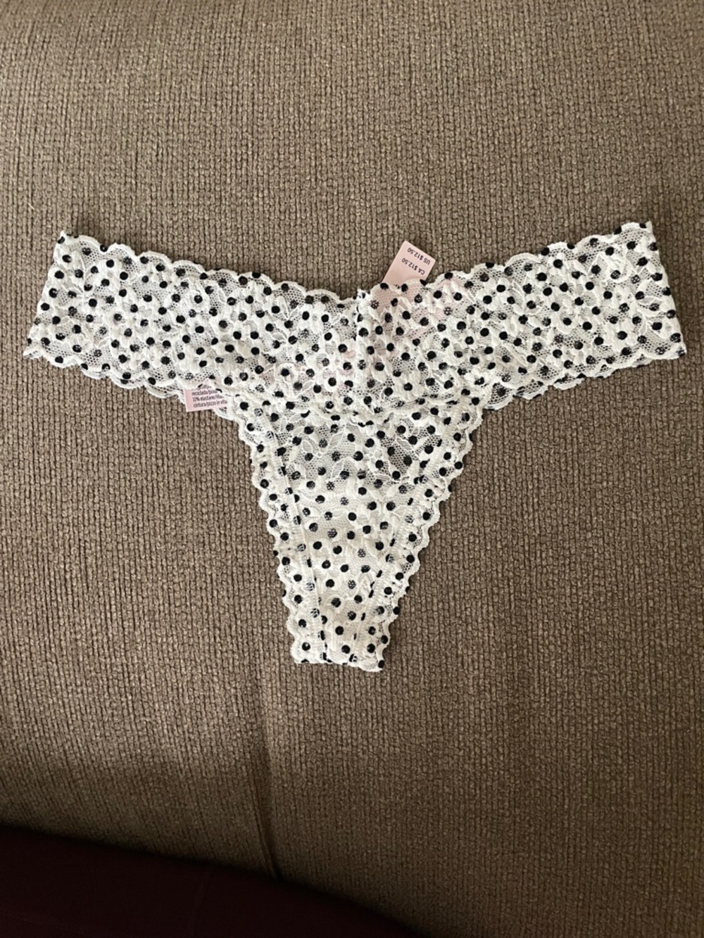 Victoria's Secret White Lace Thong with Black Polka Dots